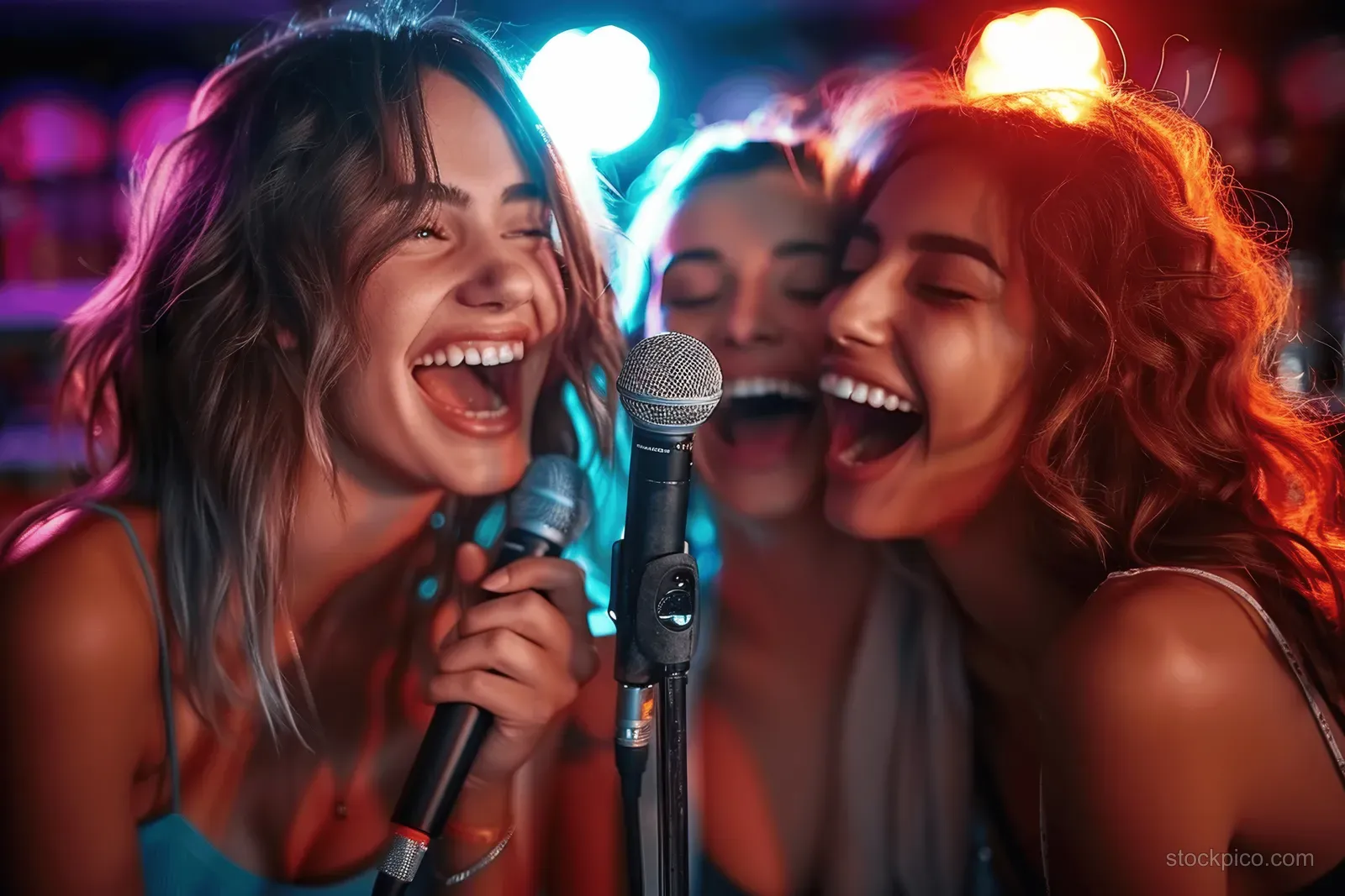 Diverse young friends sing together into karaoke microphones in a neon-lit nightclub at night.