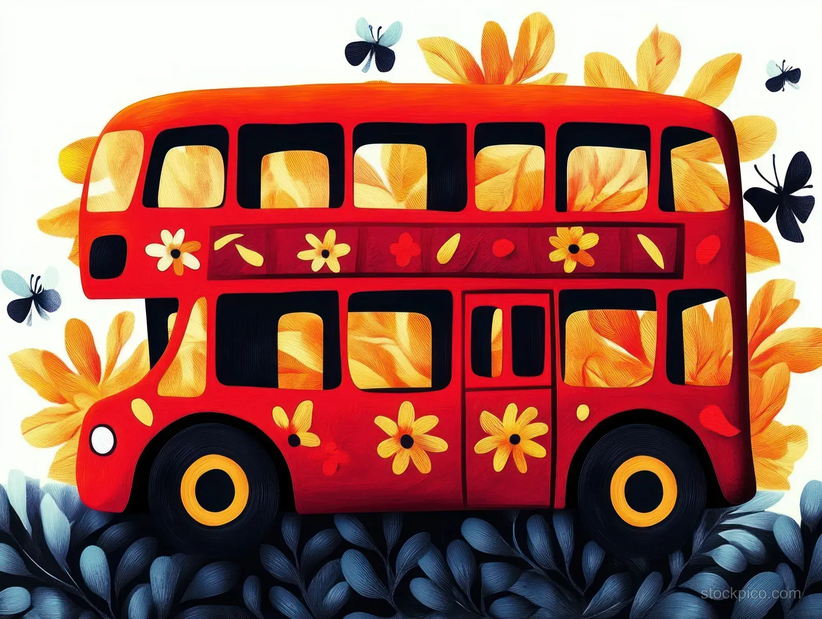 A red double-decker bus decorated with yellow flowers with butterflies flying among large yellow petals over dark blue leaves.