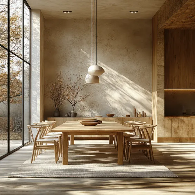 Minimalist dining room with wooden table and chairs, sunlit large windows