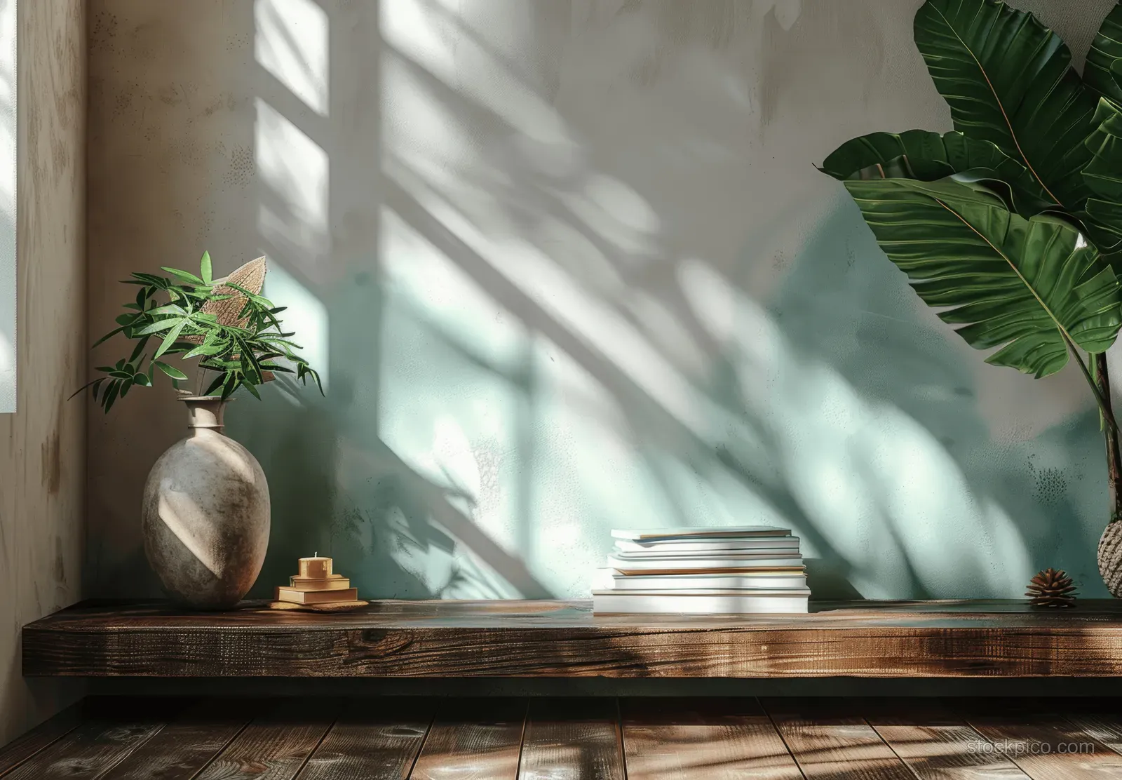 Wooden table in a sunlit boho-modern room with stacked books, a vase, and green palm leaf wall decor.