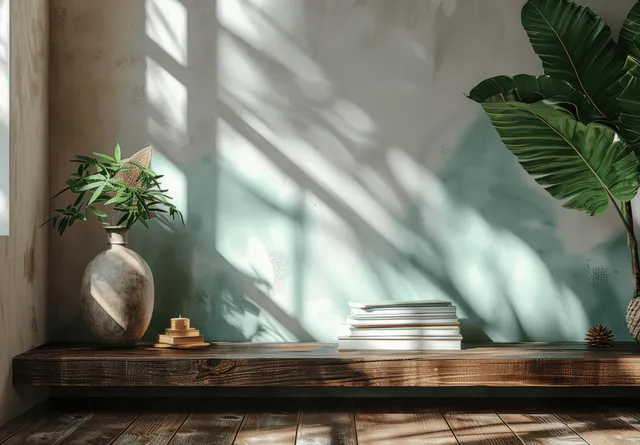 Wooden table in a sunlit boho-modern room with stacked books, a vase, and green palm leaf wall decor.