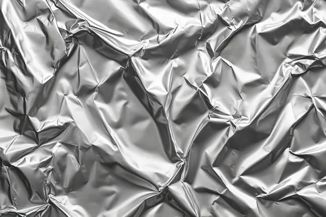 Crumpled silver foil texture with dramatic light and deep wrinkles close-up