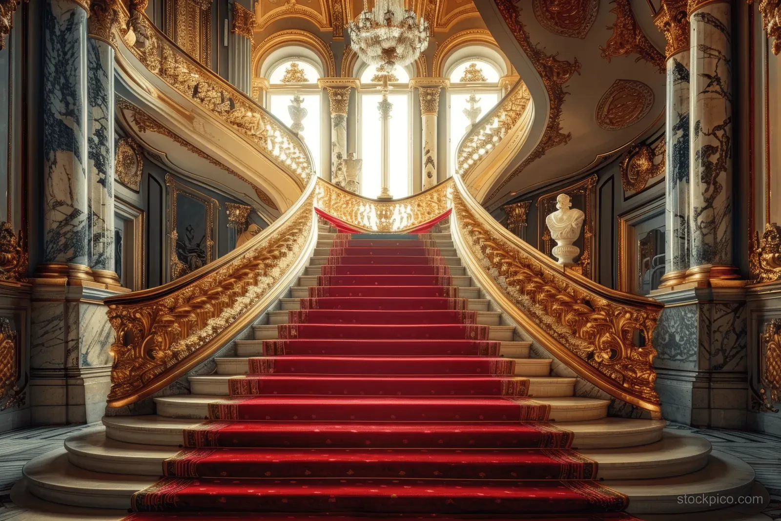 Red carpeted staircase in a royal palace hall with gilded railings, columns, and a bright chandelier above.