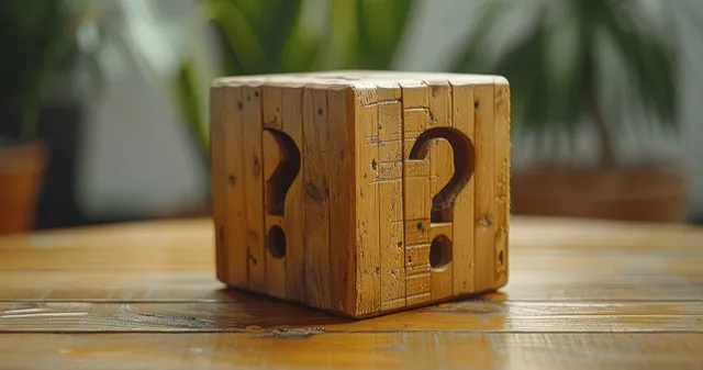 Two wooden cube blocks with question marks on a tabletop indicate an unanswered inquiry.