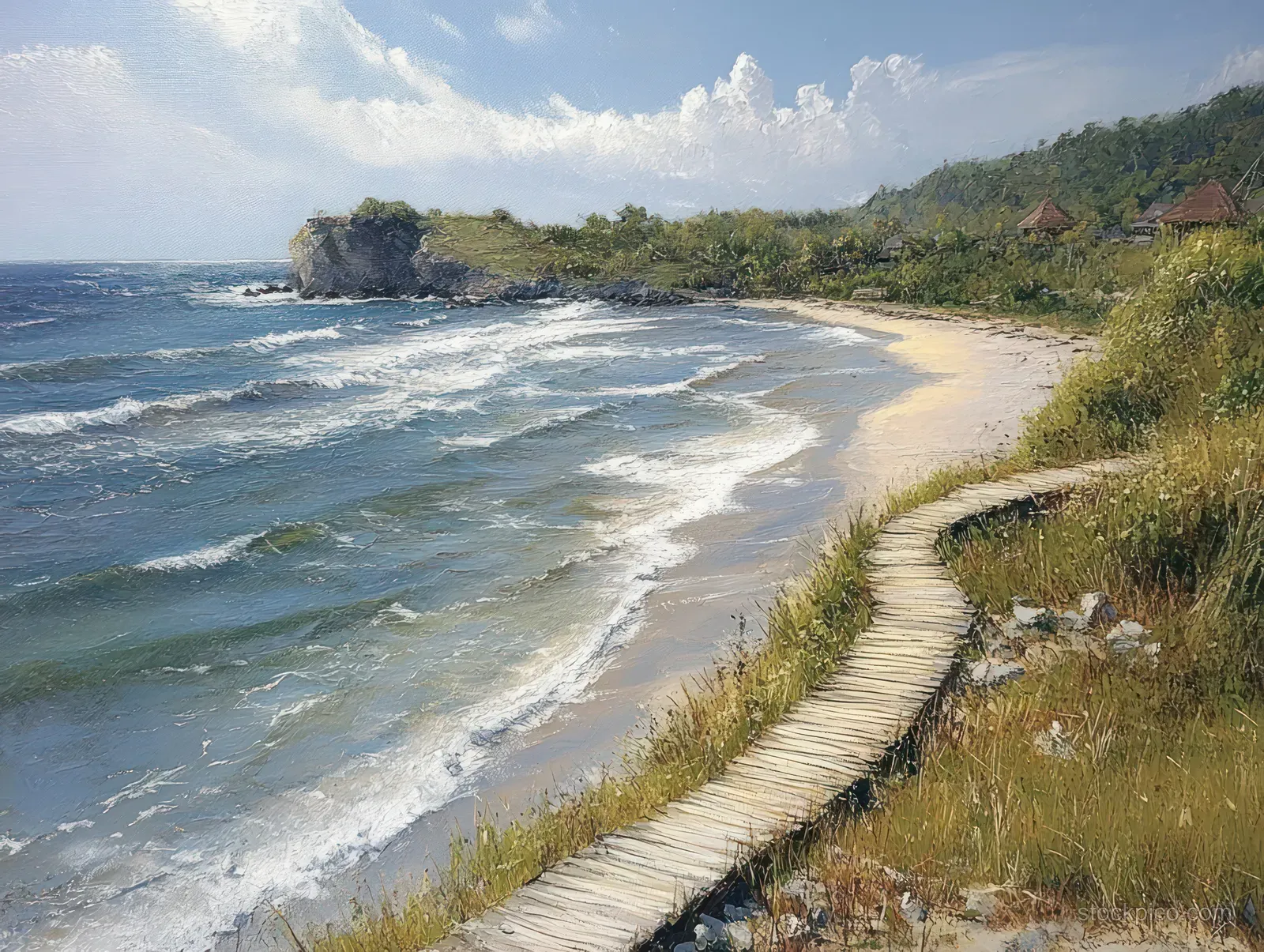 Aerial view of Drini Beach with foamy waves, sandy curve, and a coastal path near green cliffs.