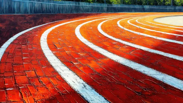 Curved red outdoor running track with multiple white lane lines and sunlight-cast shadows on the textured surface.