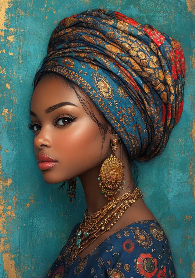 African woman portrait with patterned headwrap and ornate gold earrings