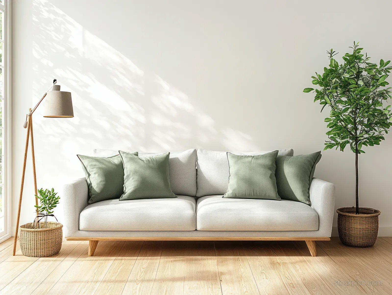 Light gray sofa with green cushions sits in a bright minimalist living room with a floor lamp and potted plant.