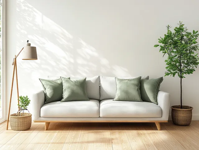 Minimalist living room with light gray sofa, green cushions, potted plant, floor lamp