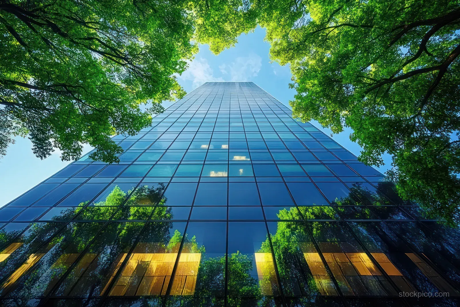 Looking up at a tall glass skyscraper with green trees reflected on its facade under a bright blue sky.