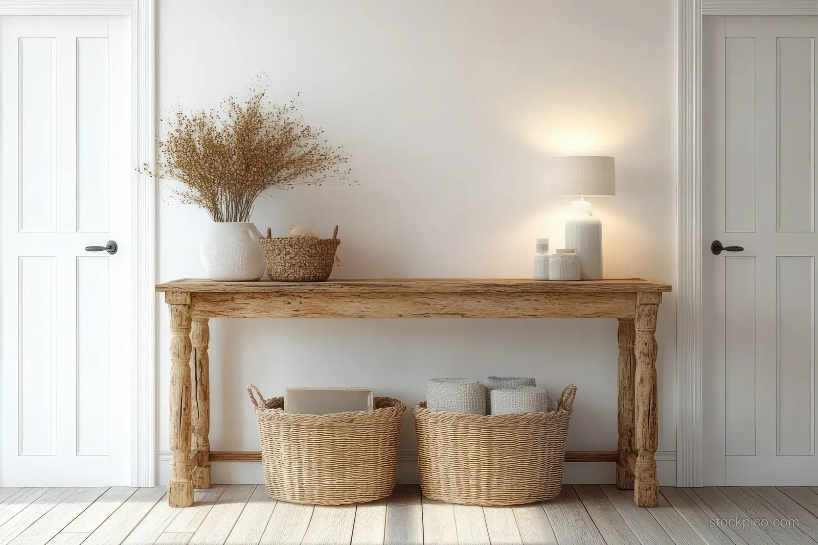 Rustic wooden console table with woven baskets and dried stems in a bright Scandinavian entryway lit by soft lamps.