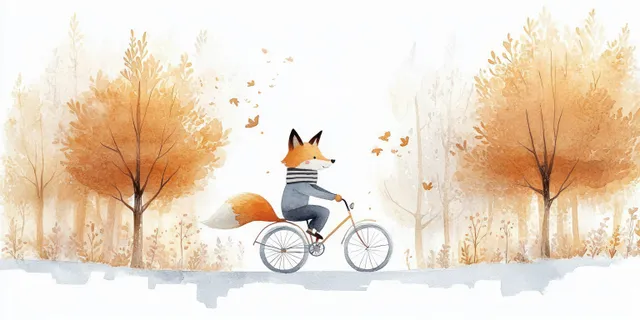 Whimsical fox riding a bicycle through pastel winter forest with soft watercolor light
