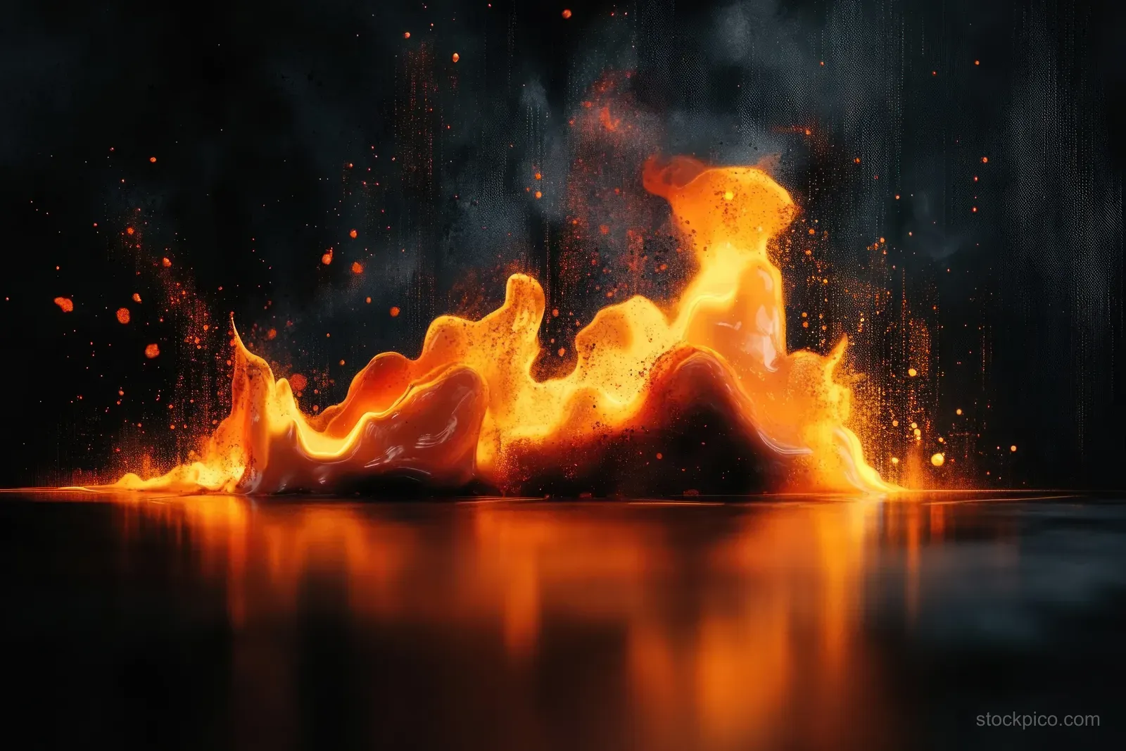 Orange liquid erupts in a fiery splash over a reflective dark surface with glowing droplets and smoke.