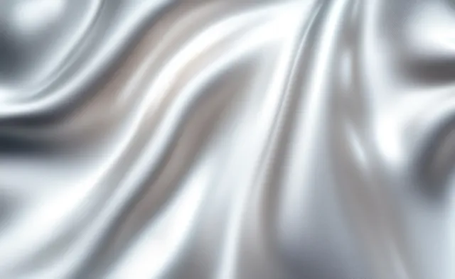 Silver satin silk fabric is draped in flowing folds with soft shadows and gentle ripple highlights.