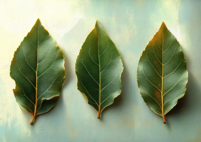 Three symmetrical green leaves with visible veins arranged evenly on a light textured surface.