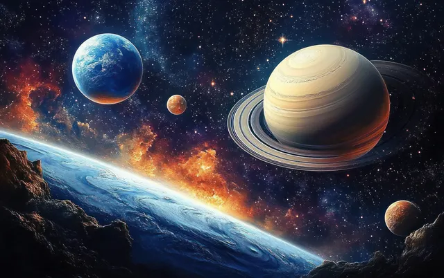 Earth and ringed Saturn hover over a blue planet surface with nebula flames and scattered stars.