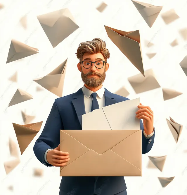 A businessman in a suit holds a postal envelope as flying paper planes surround him.