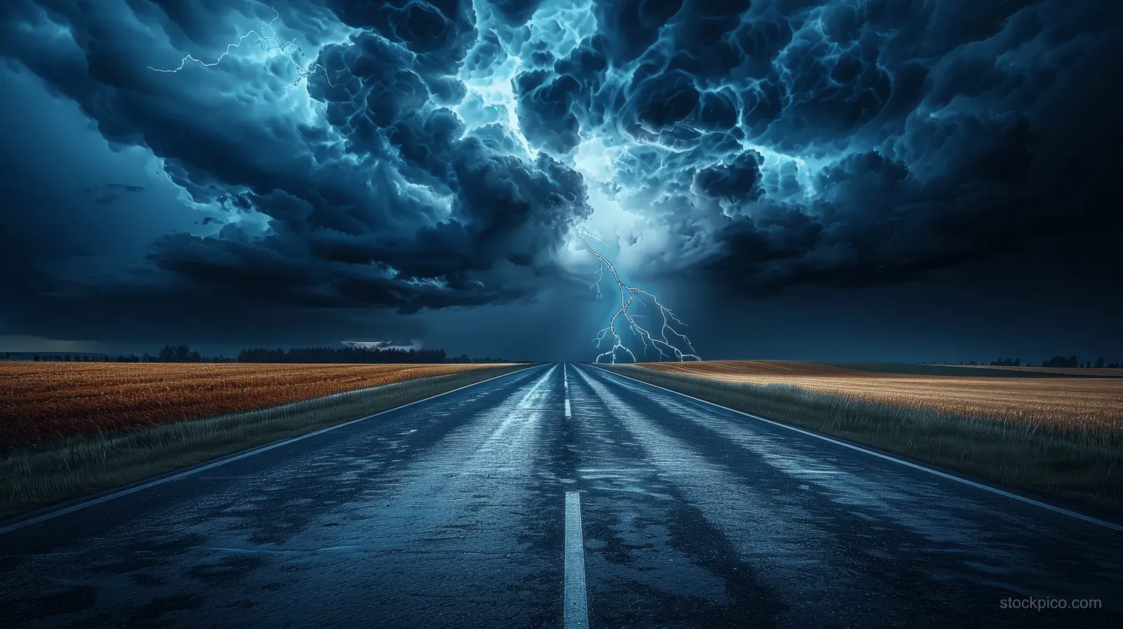 Lightning streaks across a dark stormy sky above an empty road leading through fields.