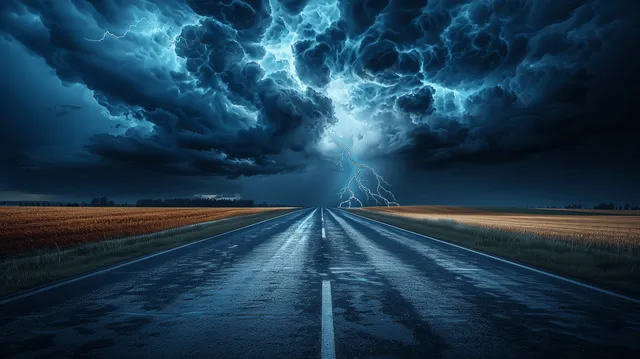 Lightning streaks across a dark stormy sky above an empty road leading through fields.