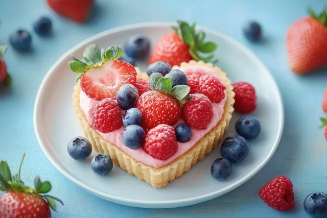 Heart-Shaped Strawberry Tart on Blue Plate with Greeting Card, Fresh Berries