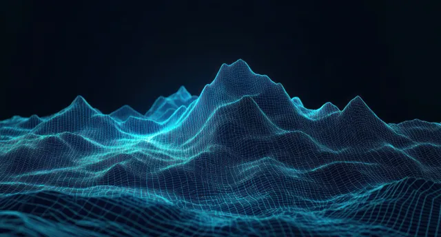 Glowing blue wireframe mountains rise and dip as a 3D data terrain over a dark background.
