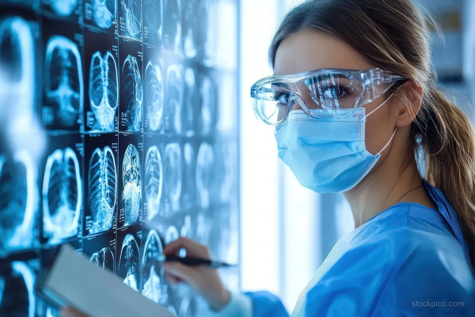 Masked female doctor wearing protective glasses examines brain and spine x-ray films on a bright lightbox in a hospital.