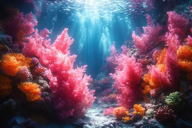 Scuba divers explore a vibrant pink coral reef teeming with diverse marine life in the clear blue waters of the Andaman Sea.