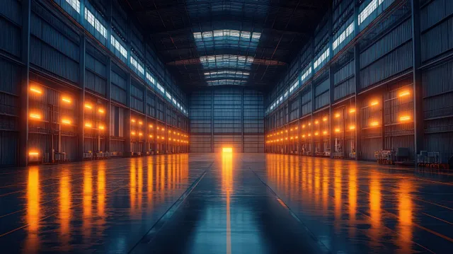 Empty industrial warehouse hall with warm orange ceiling lights reflecting on polished concrete floor and a large open entrance ahead.
