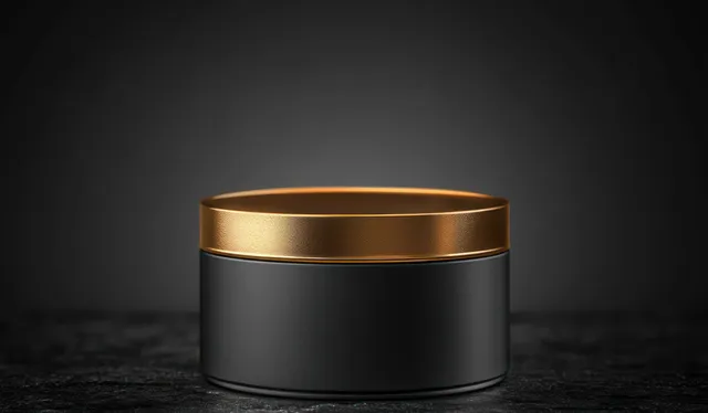 Matte black cosmetic jar with reflective gold lid on dark studio platform, soft spotlight glow