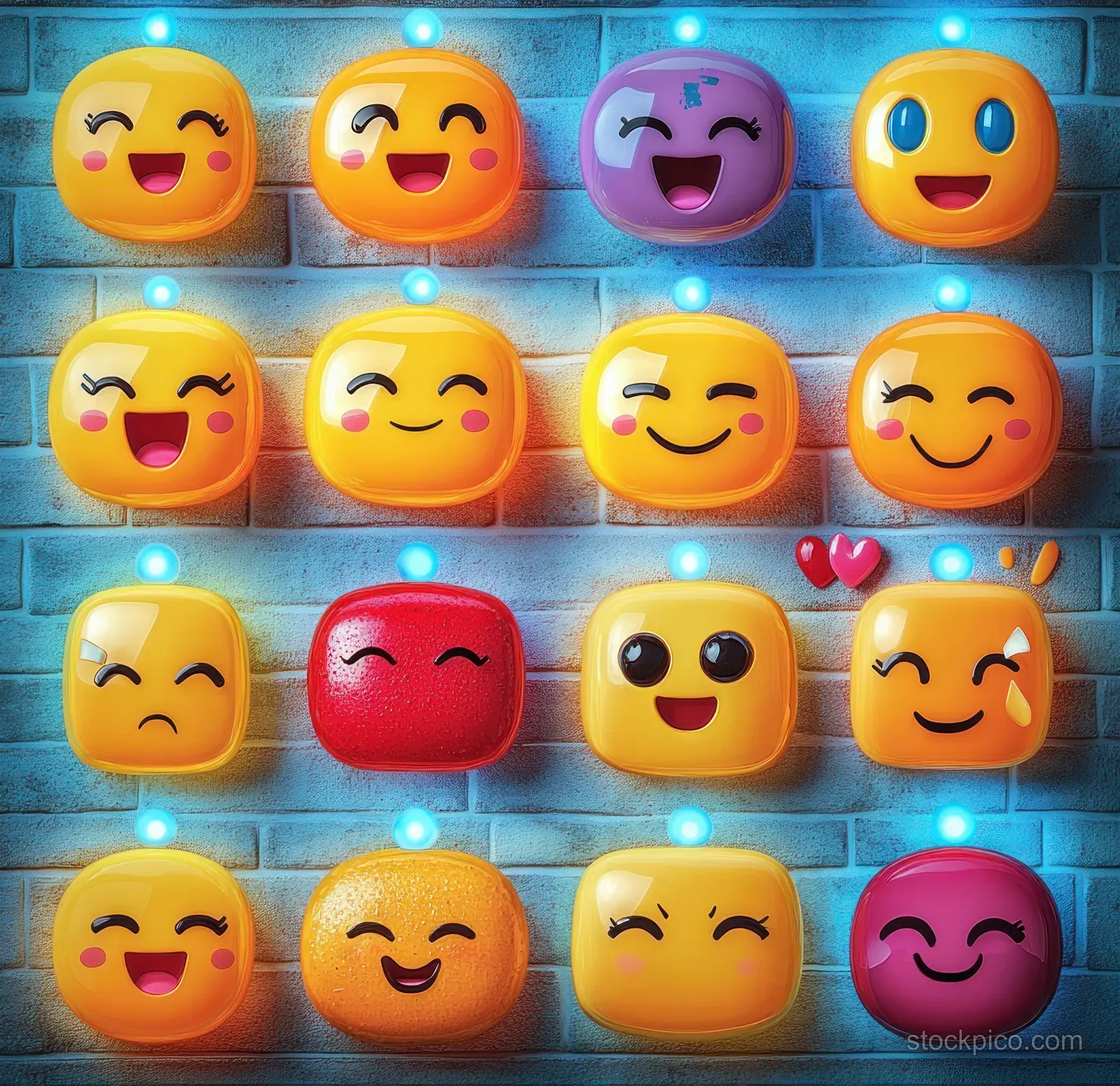Glowing cube emoji faces with various expressions line up against a blue brick wall background.