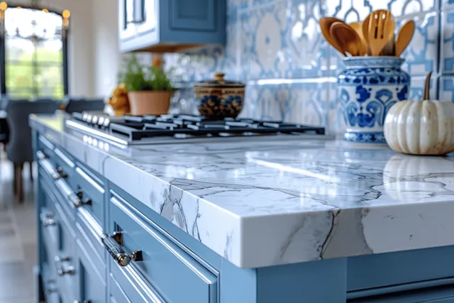 Blue kitchen cabinets and a white marble countertop with utensils and a blurred kitchen background.