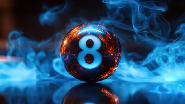 A glowing Magic 8-ball sits in swirling blue smoke in a reflective close-up.