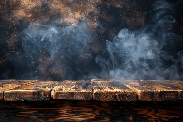 Rustic wooden table with swirling smoke rising against a dark background.