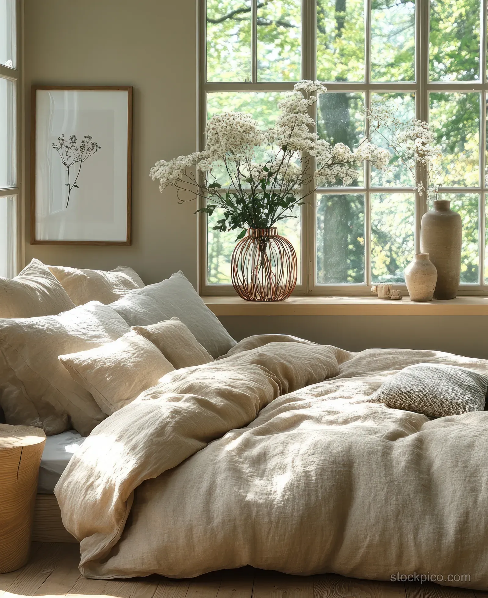 Sunlit minimalist bedroom with an empty frame on the wall, copper vase on the windowsill, and linen bedding.