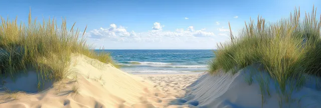 Golden sand dunes and green beach grass create a path toward a calm ocean under a clear blue sky.
