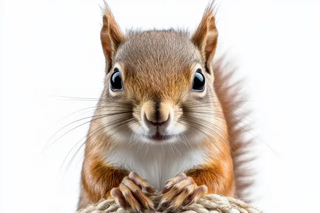 A red squirrel with bright eyes grips a textured perch against a clean white background.