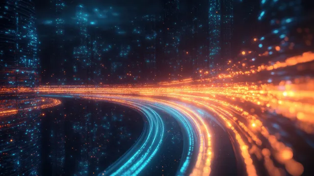 A neon-lit highway curves through a futuristic city at night with blue and orange light trails.