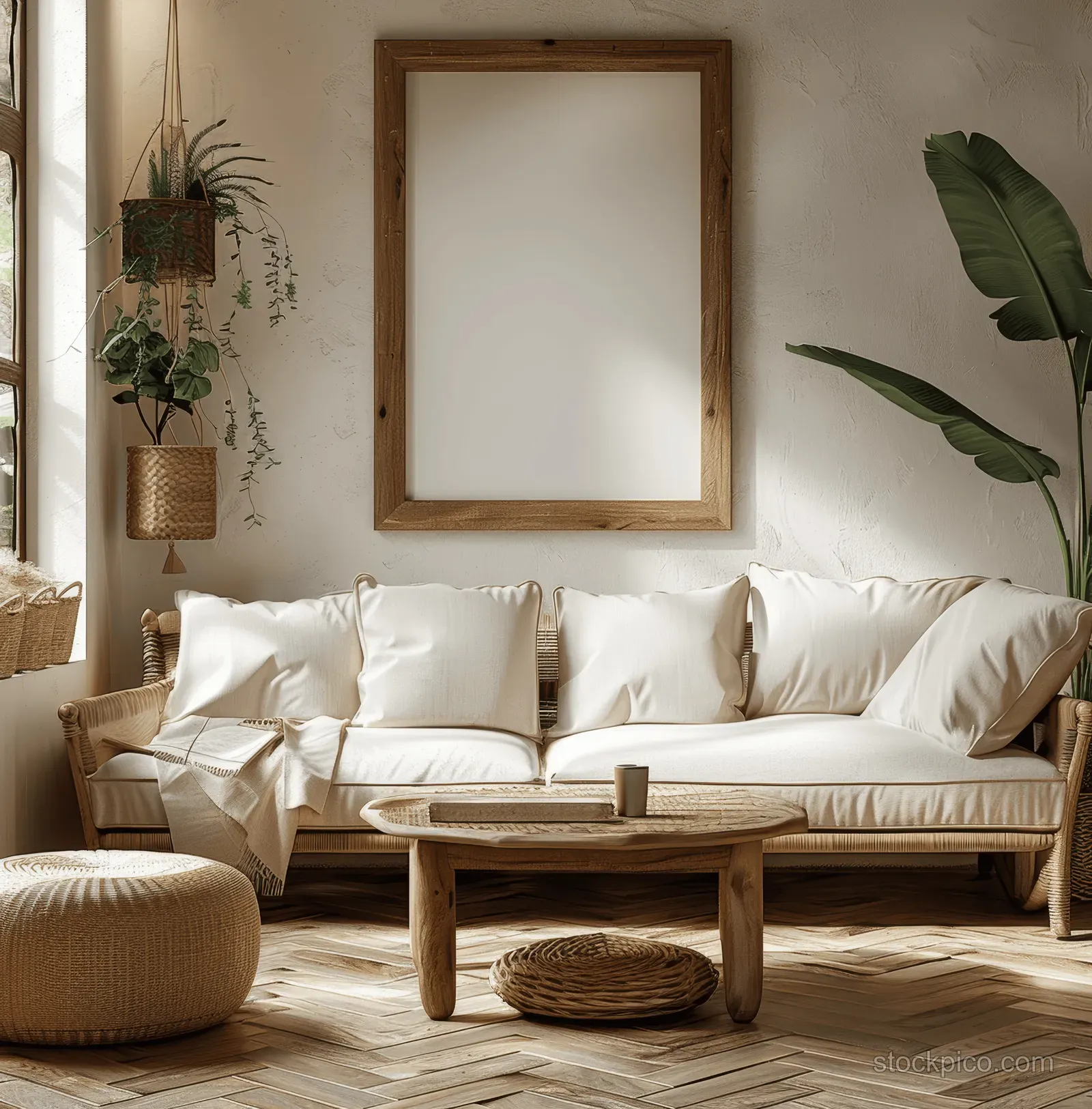 Beige boho sofa and wooden coffee table in a bright living room with a blank framed poster on a white wall.