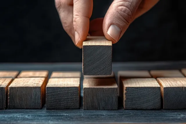 A hand carefully places a wooden block among a row of blocks on a dark surface, showcasing precision and quality selection.