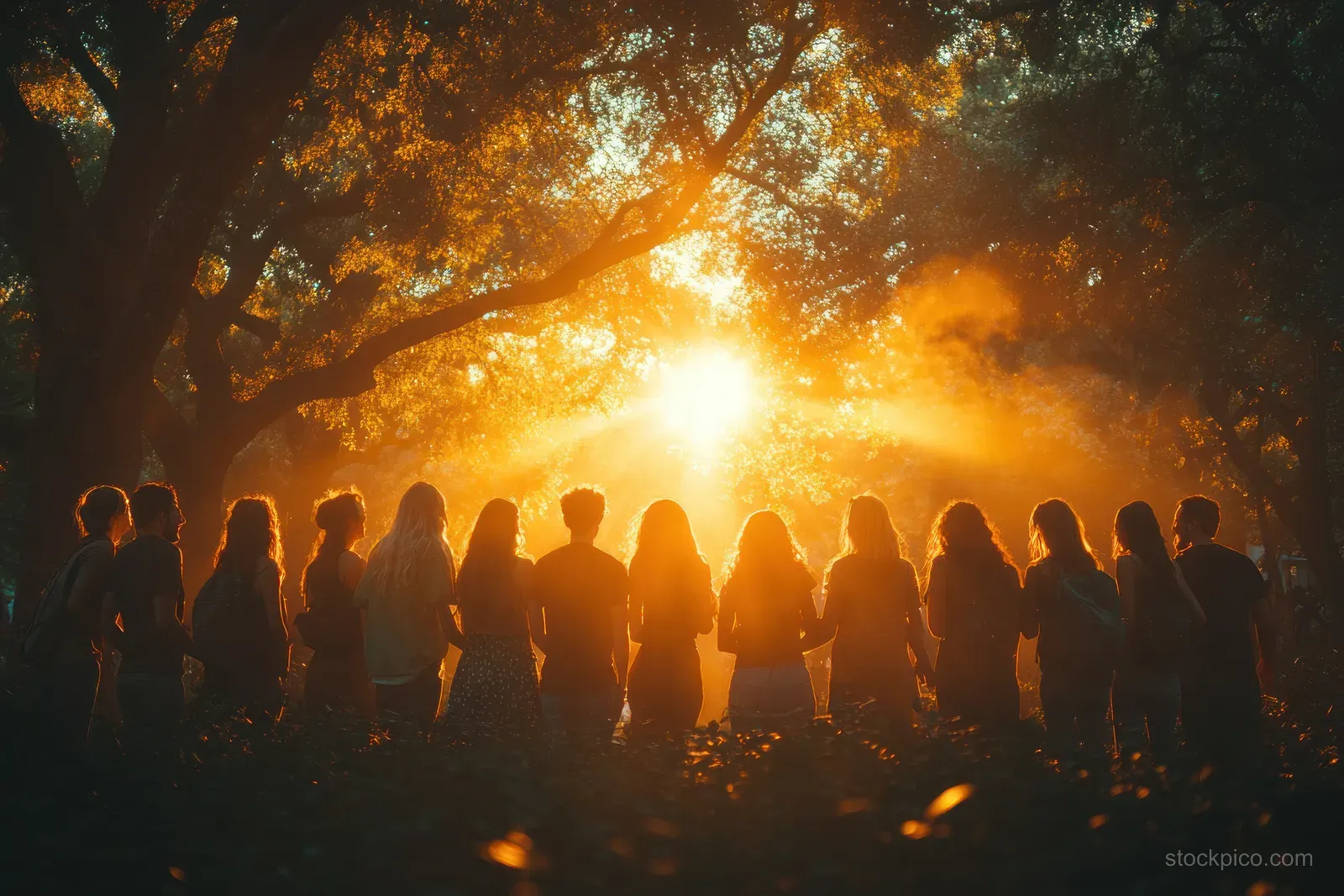 Silhouetted friends laugh outdoors in a park at sunset with warm golden light behind them.