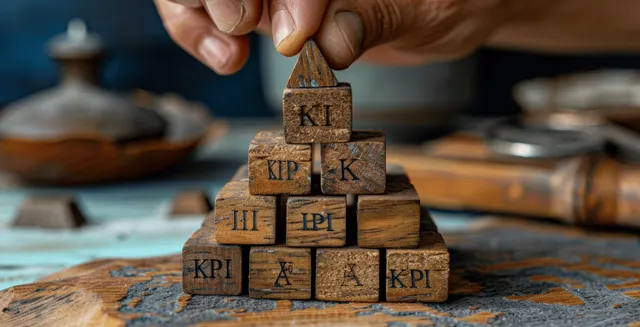 Hand stacking wooden KPI blocks on a tabletop marked with chart figures