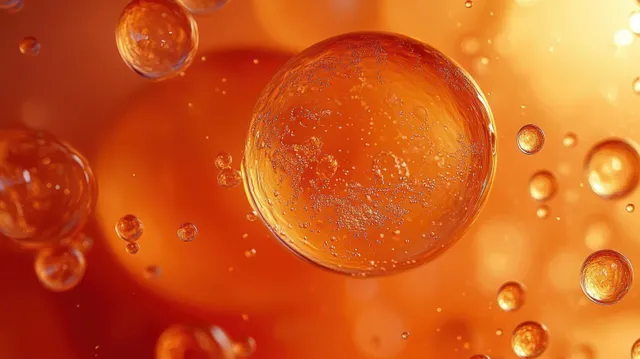 Translucent orange bubbles suspended in liquid with visible reflections and tiny particles within each sphere.