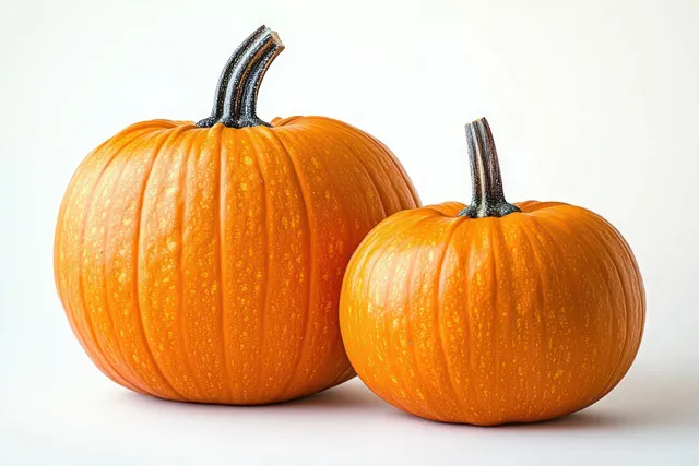 A hyper-realistic still life shows a large and small pumpkin with detailed textures against a clean white background.