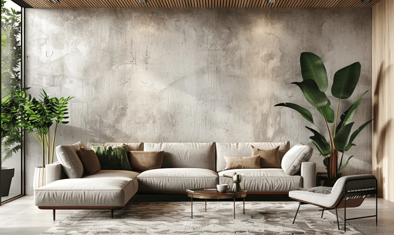Sunlit minimalist living room with beige concrete wall, sofa, armchair, coffee table, and a tall green plant.