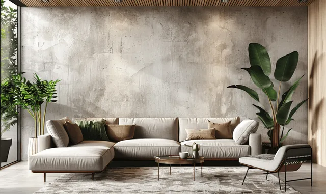 Sunlit minimalist living room with beige concrete wall, sofa, armchair, coffee table, and a tall green plant.