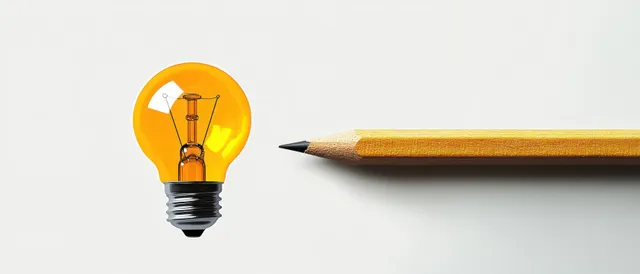 A yellow pencil lies beside a glowing orange light bulb icon on a white surface.