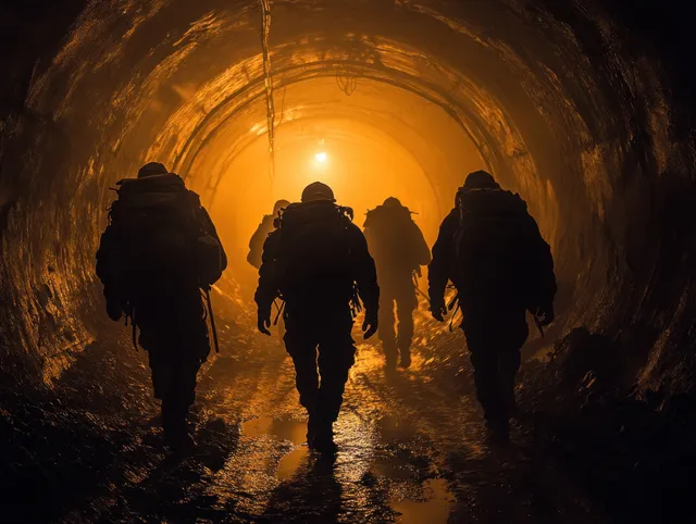 Coal miners walk through a dark underground tunnel with headlamps glowing through dust and shadows.