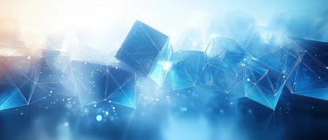 Glowing blue polygon network with connected nodes and lines floating above a smoky background.