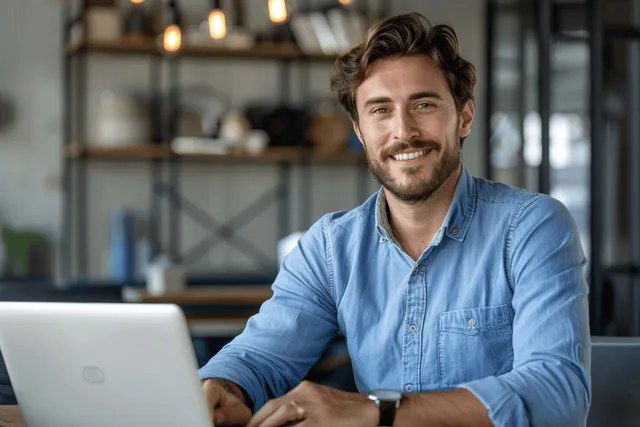 Smiling businessman in blue shirt working on laptop at office desk