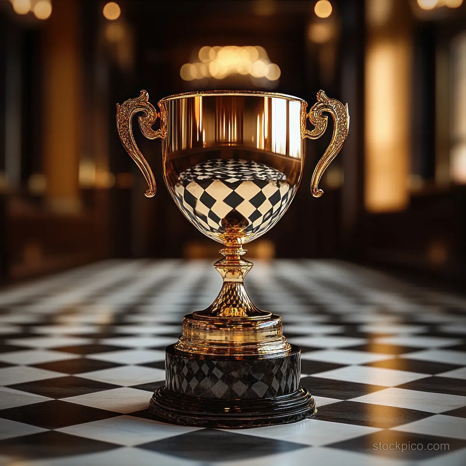 Golden trophy cup with ornate handles on a black-and-white checkered floor in a warmly lit blurred interior.